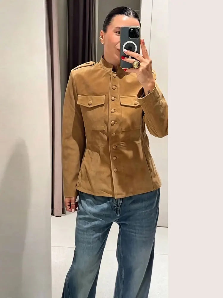 Elegant Women's Suede Short Jacket Slim Waist Cinched Stand Collar Long Sleeve Single Breasted Coats 2026 Autumn Lady Jackets