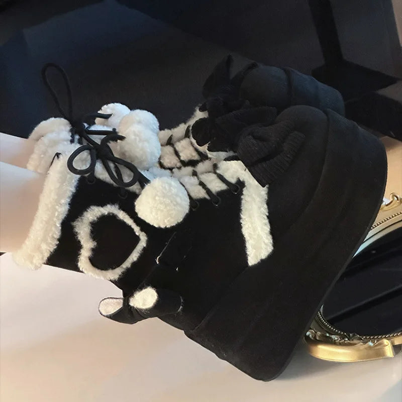 Sweet Winter Girls Lolita Mid-Calf Snow Boots,Cute Female Students Plush Warm Bowknots Lace Up Wedge Heel Heightening Shoes