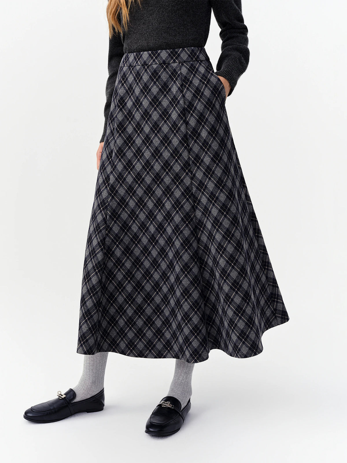DUSHU Vintage Plaid Mermaid Skirt Women High Waist A-line Flared Midi Skirt Office Casual Long Skirt Preppy Style Age-reducing