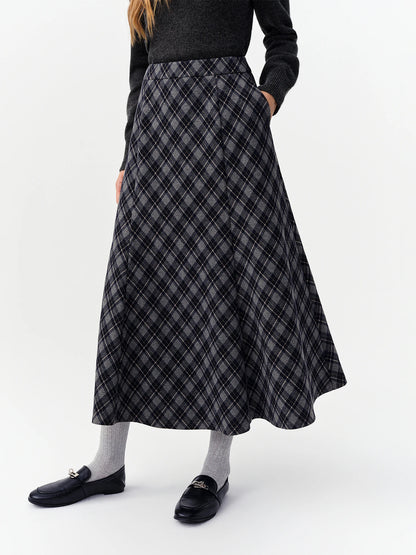 DUSHU Vintage Plaid Mermaid Skirt Women High Waist A-line Flared Midi Skirt Office Casual Long Skirt Preppy Style Age-reducing