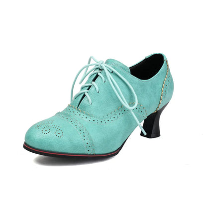 Women's Kitten Heels Oxford Pumps Retro Victorian Style Vintage Mid-Heels Lace Up Brogues Witch Costume Cosplay Shoes