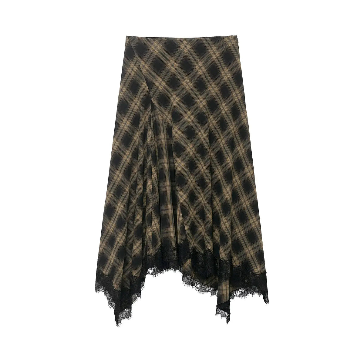 Spring Summer Women's Plaid Asymmetry Skirts Female Vintage  Skirts Chic Lace Splice Midi Skirts Lady Casual Ruched Skirt