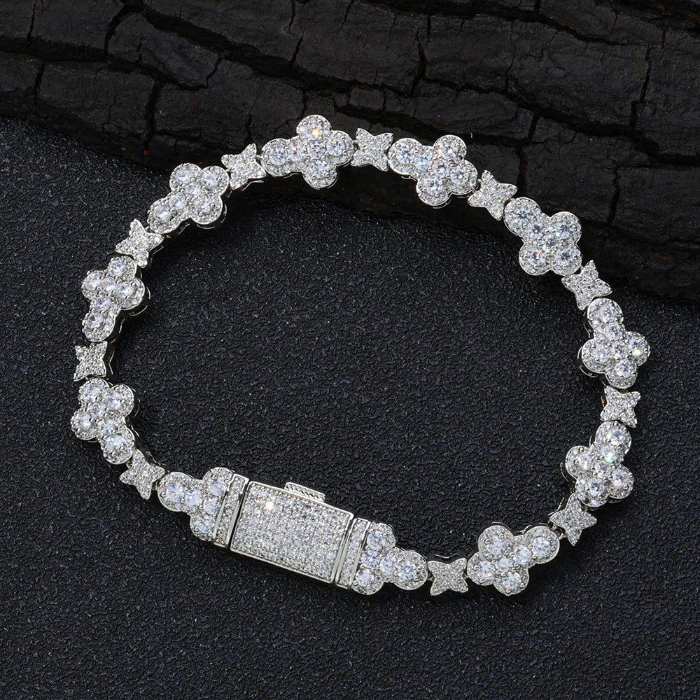 ESKEEM Trendy Niche Jewelry Hip Hop Cuban Chain 10mm Cross Flower Filled Zircon Bracelet for Men and Women