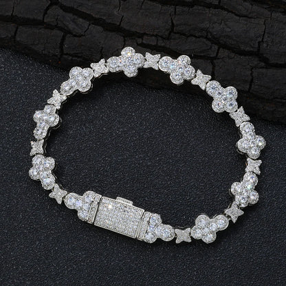 ESKEEM Trendy Niche Jewelry Hip Hop Cuban Chain 10mm Cross Flower Filled Zircon Bracelet for Men and Women