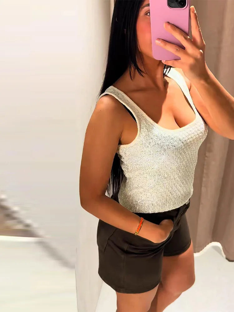 Women's Tank Tops Knitted Sequined Vests Summer Female Square Collar Sleeveless Backless Bodycon Crop Top Chic Lady Knitwear New
