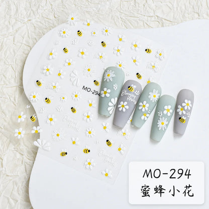 5D Embossed Nail Art Decals Elegant Petals Florals Daisy Flowers Leaves Adhesive Sliders Stickers For Manicure Tips Decoration