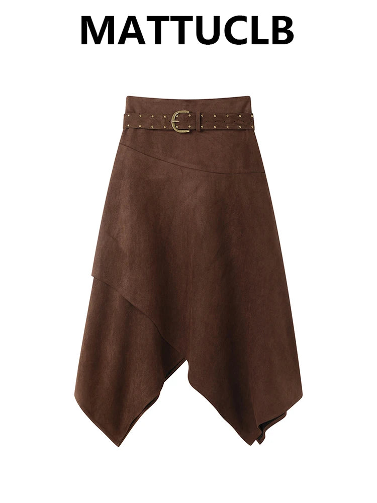 Women's Suede Midi Irregular Skirt With Belt 2000s Aesthetic French Vintage Party A-line High Street Design Maillard Korean New