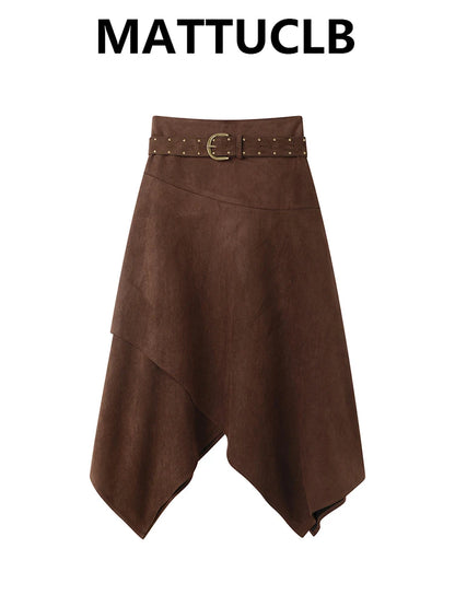 Women's Suede Midi Irregular Skirt With Belt 2000s Aesthetic French Vintage Party A-line High Street Design Maillard Korean New
