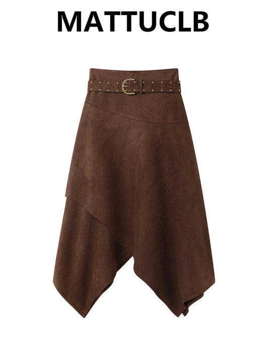 Women's Suede Midi Irregular Skirt With Belt 2000s Aesthetic French Vintage Party A-line High Street Design Maillard Korean New