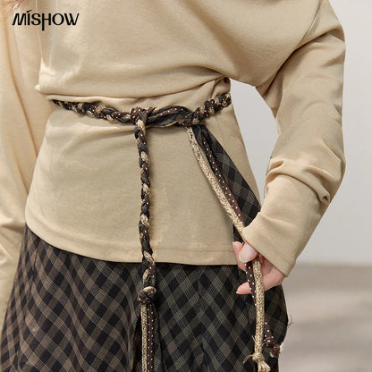 MISHOW Women's Plaid Ruffle Hem Midi Skirt with Belt 2026 Summer High Waist A-Line Skirt Loose Fit Vintage Long Skirt MXF14B2483