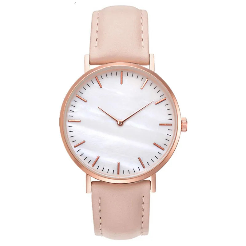Elegant Pink Shell Dial Women's Watch Minimalist Quartz Ladies Wristwatch with Leather Strap Fashion Woman Watches Gift Reloj