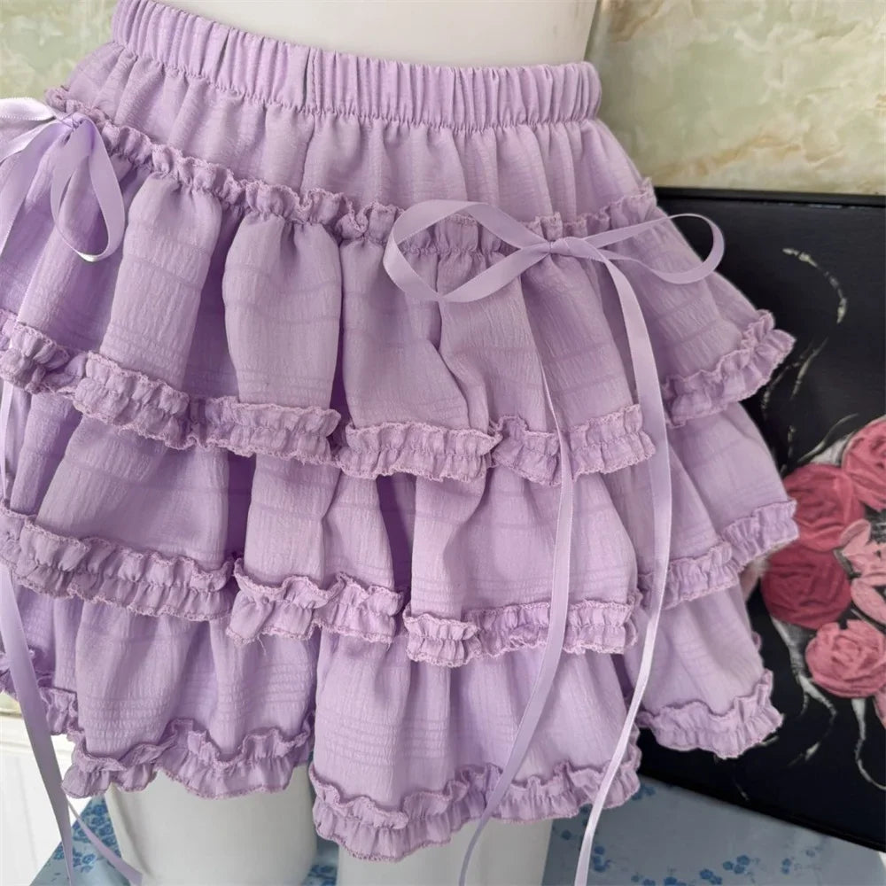 Women Fashion Sweet Purple Cake Short Skirt Slimming Lace Elastic Waist Half Body Skirt Girls Clothes