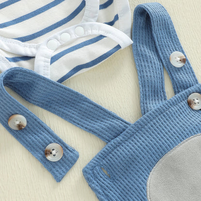 Citgeett Autumn Infant Baby Boys Outfit Sets Long Sleeve Striped Romper Elephant Embroidery Suspender Pants Hat Sets