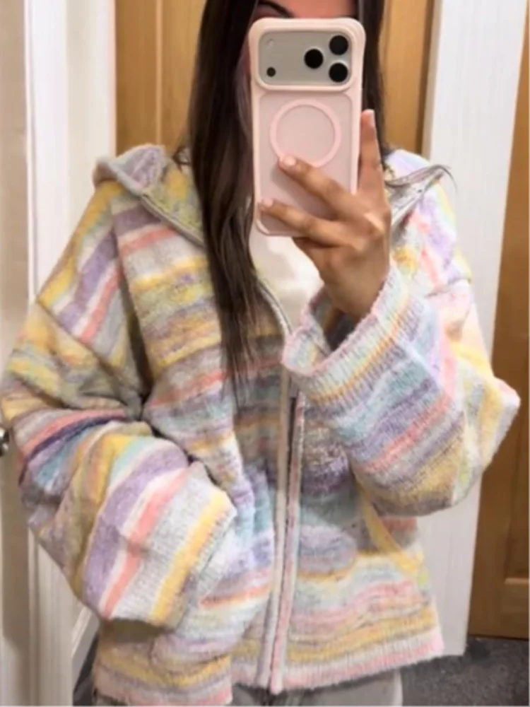 Women Marled Stripe Knit Jacket Pastel Hooded Zipper Long Sleeve Oversized Coat Lady 2026 Autumn Casual Beach Vacation Outerwear