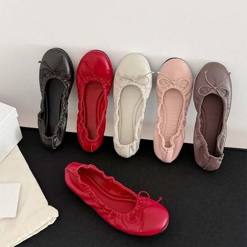 2026 Elegant Retro Red Bowknot Ballet Shoes for Women Soft Flat Loafers for Women's All Match Commuting Footwear Zapatos Mujer