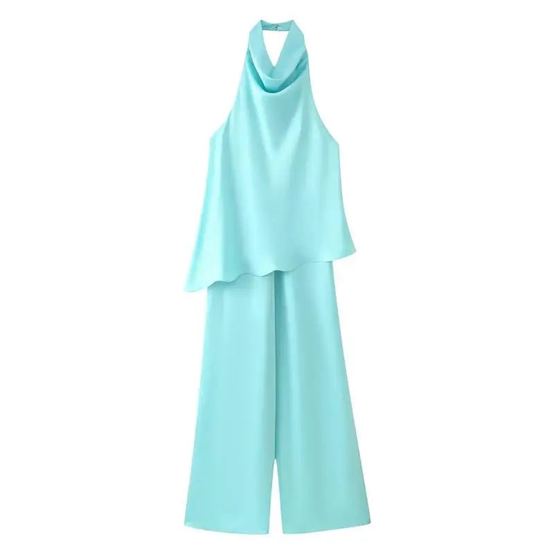 Solid Satin Halter Draped Collar Jumpsuit Backless Sleeveless Loose Top Wide Leg Pants 2026 Summer Autumn Fashion Women Outfits