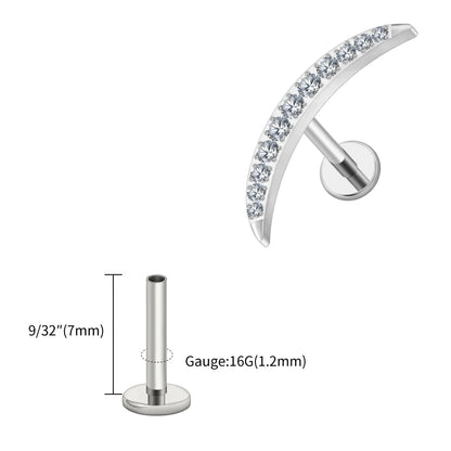 Right Grand ASTM F136 Titanium Long Crescent Moon Labret with CZ 16G Screw Back Climber Earring Helix Cartilage Tragus Piercing