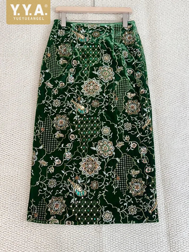 Designer Fashion Winter Women Casual Long Beading Embroidery Sequined Skirt High Waist Vintage Elegant Lady Floor Length Skirts