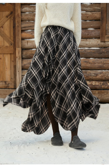 MISHOW Irregular Brushed Plaid Skirt for Women 2025 Winter Retro Blue Plaid Skirt Frayed Edge Midi A-line Skirts MXE86B2450