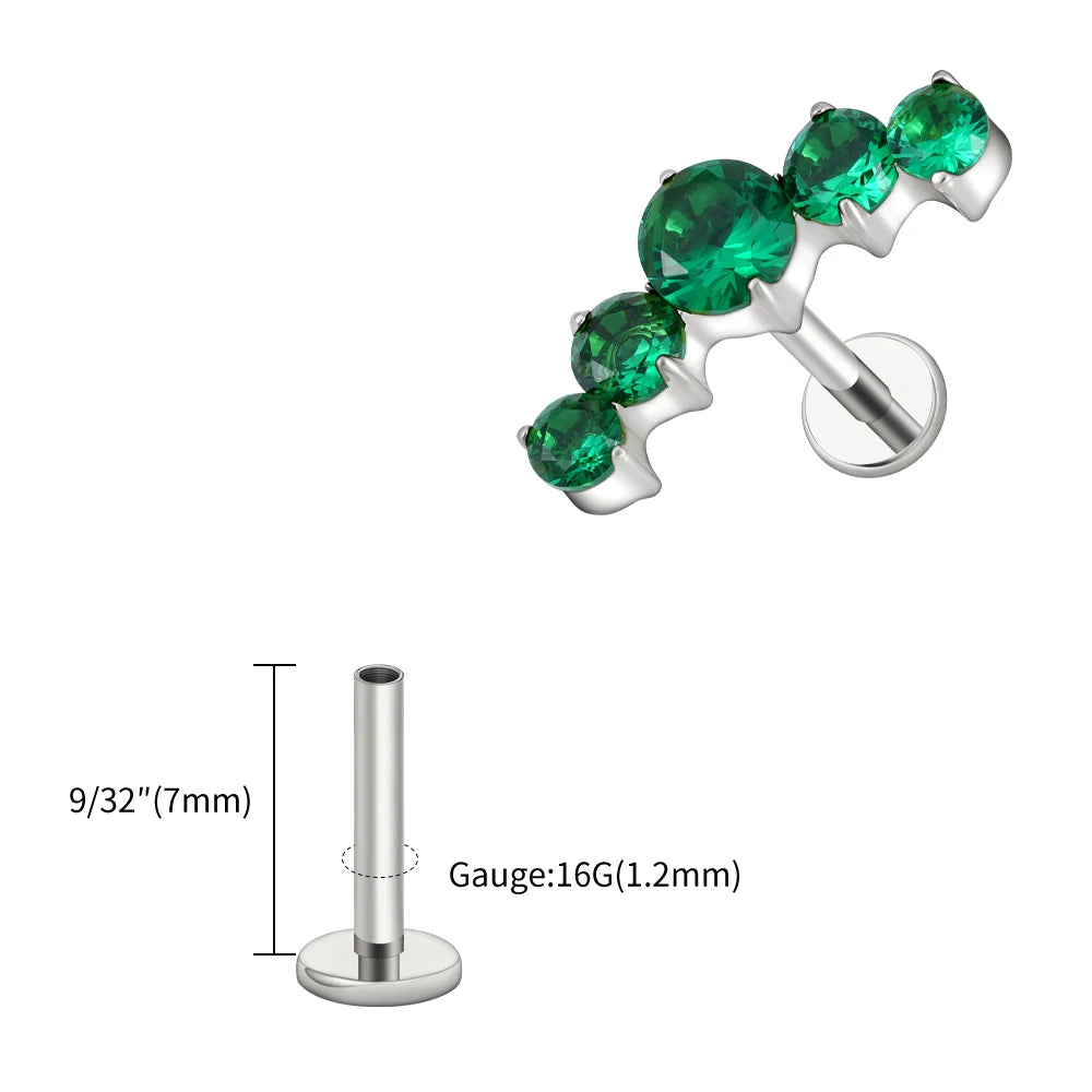 Right Grand ASTM F136 Titanium 16G CZ Cluster Flat Back Labret Stud Curved CZ Bar Climber Earring Helix Cartilage Stud Piercing
