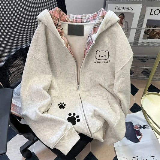 Japanese Cartoon  Print Hooded Open Cardigan Sweatshirt Women's Autumn Winter Fleece Loose Casual Zipper Long Sleeve Top