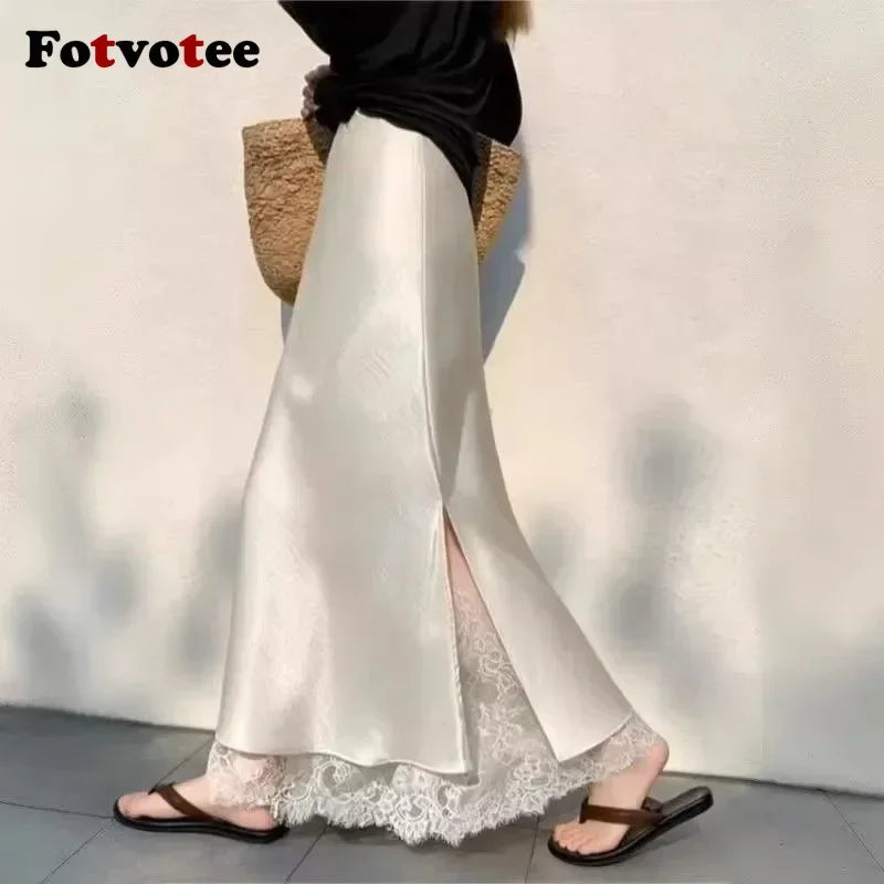 FOTVOTEE Elegant Satin Fish Tail Half Skirt High Waist Lace Splice Side Slit Draping Long Women's Skirt Slimming Party Midi Skin