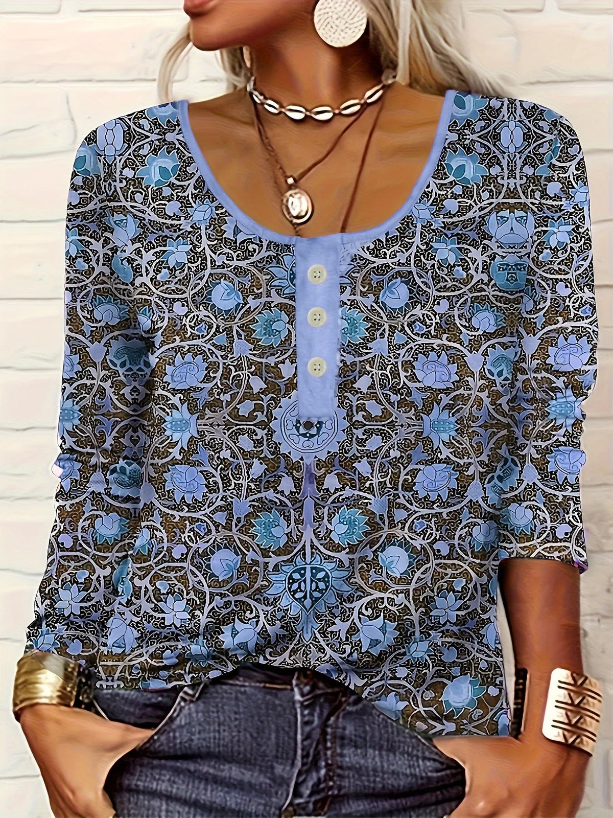 Women Long-Sleeved O-Neck Shirt Fashion Printed Casual Blouses 2025 New Spring Autumn Vintage Ethnic Style Femme Tops Plus Size