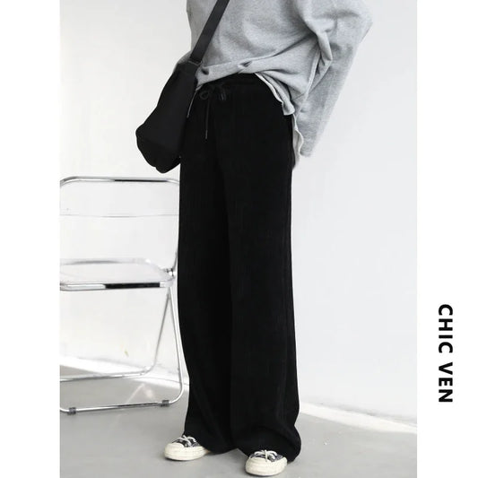 CHIC VEN Women Pants Solid Loose Thick Warm Elastic Waist Wide Leg Trousers Female Ladies Sports Autumn Winter 2024