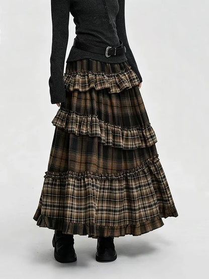 Vintage Plaid Patchwork Skirts for Women Japanese High Waist Ruffles Splicing Midi Skirts Y2K Harajuku Streetwear A Line Skirts