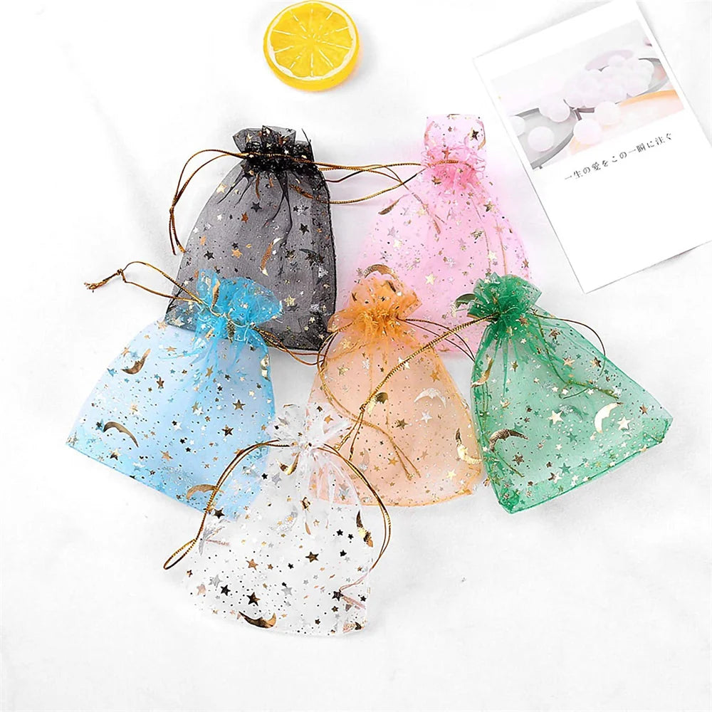 50/100pcs Multiple-sizes Printing Star Moon Organza Sack Drawstring Charm for Jewelry Gifts Display Packaging Bags