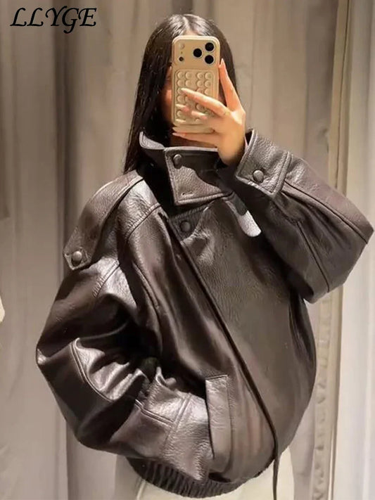 Fashion Stand Collar Women's Leather Jacket Loose Aasymmetric Zipper Buttons Full Sleeve Coat 2026 Spring Lady Biker Streetwear