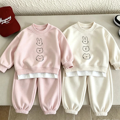 Pink Yellow Beige Suits Girls Autumn Clothing Printed Sweatshirts Loose Pants Infant Cute Round Neck Hoodies Solid Color Pants