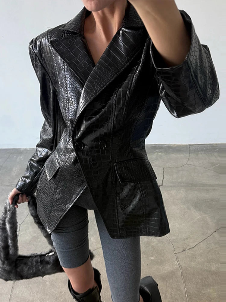 Croc Embossed Faux Leather Jacket Round Neck Button Front Long Sleeve 2026 Autumn Women Chic Date Outfit Street Trendy Outerwear