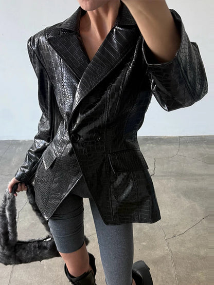 Croc Embossed Faux Leather Jacket Round Neck Button Front Long Sleeve 2026 Autumn Women Chic Date Outfit Street Trendy Outerwear