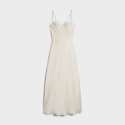 Lace Bust Satin Slip Dress Spaghetti Strap Back Split Elegant Maxi Night Vestido 2026 Summer Banquet Party Women Gentle Grown