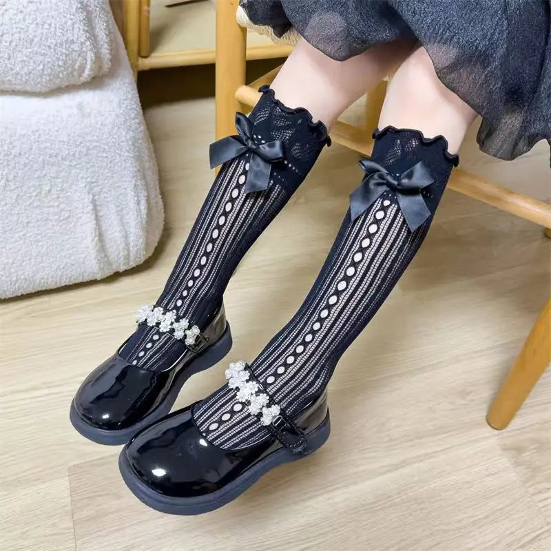 Girls Long Tube Lace Stockings Sweet Bow Jacquard Pattern Mesh Sock Baby Girl Ballet Fishing Net Frilly Socks Lolita Leggings