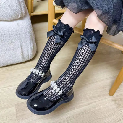 Girls Long Tube Lace Stockings Sweet Bow Jacquard Pattern Mesh Sock Baby Girl Ballet Fishing Net Frilly Socks Lolita Leggings