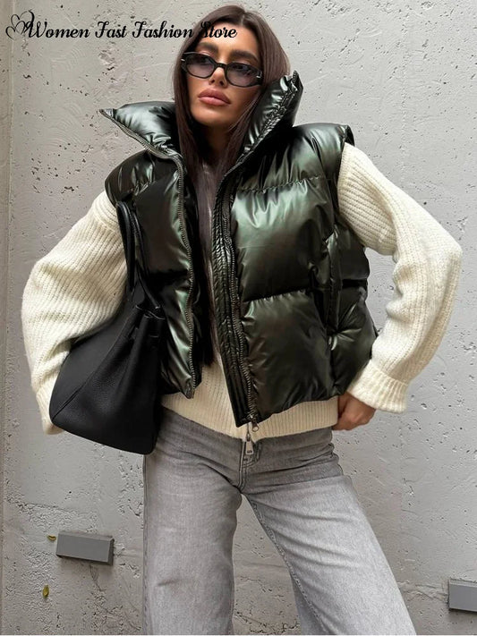 Detachable Sleeve Hooded Quilted Jackets 2026 Winter Ladies Solid 2-in-1 Zippers Waistcoat Cotton Coats Women's Warm Outwear