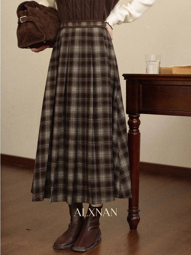 ALXNAN Women's Mid-Length Skirt 2026 Plaid Color-block Design Flared High-waisted Silhouette Slim-fit Casual A-Line Skirt L57735