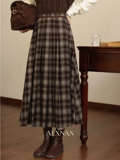 ALXNAN Women's Mid-Length Skirt 2026 Plaid Color-block Design Flared High-waisted Silhouette Slim-fit Casual A-Line Skirt L57735