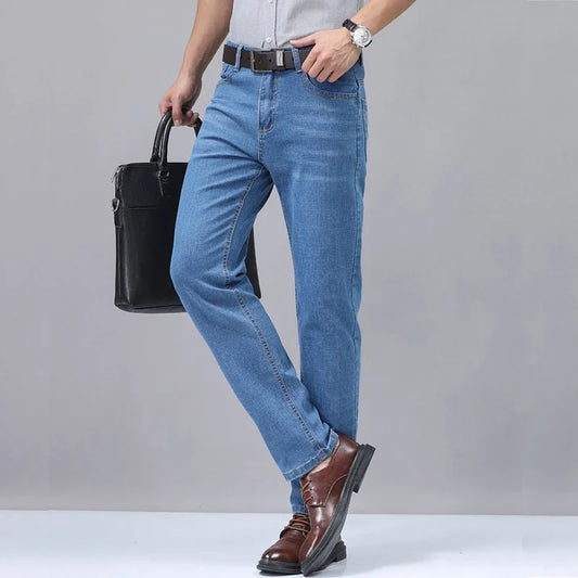 Summer Thin Men's Elastic Cotton Jeans Fashion Sky Blue Comfortable Business Straight Casual Pants Brand Male Clothes Trousers