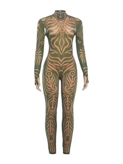Weird Puss Sexy Striped Print Jumpsuits Women Wild Style Turtleneck Full Sleeve Midnight Party Club Stretch Streetwear Overalls