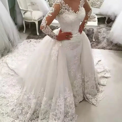 Customized Vestido De Noiva Lace Mermaid Wedding Dress with Detachable Skirt Backless Long Sleeve Bridal Wedding Gowns