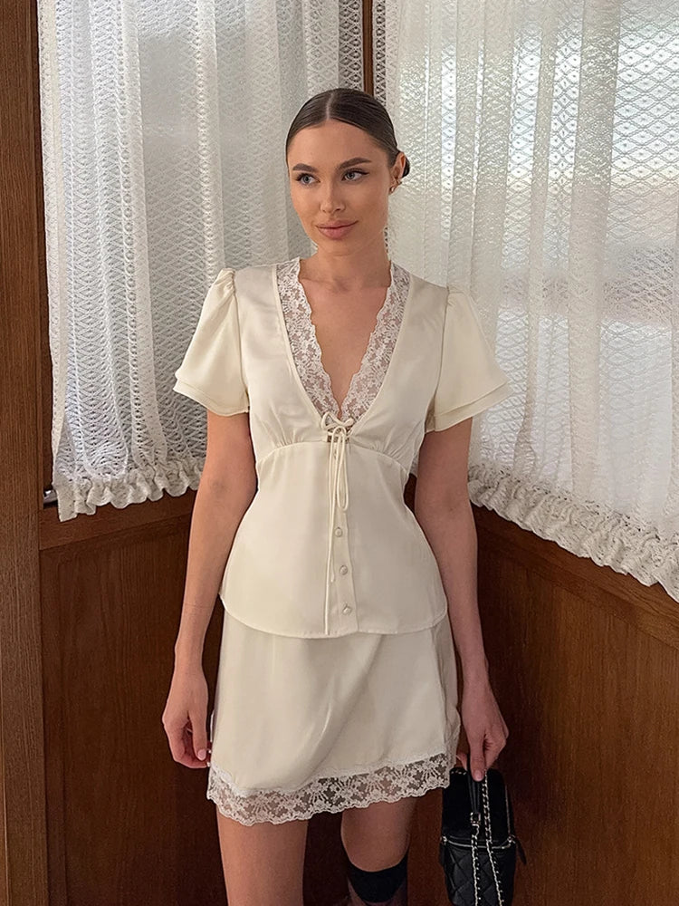 Elegant Lace Patchwork Satin 2 Piece Set Women Solid V-Neck Short Sleeve Top Mini Skirt Suit 2026 Summer Casual Daily Streetwear