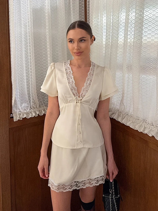 Elegant Lace Patchwork Satin 2 Piece Set Women Solid V-Neck Short Sleeve Top Mini Skirt Suit 2026 Summer Casual Daily Streetwear