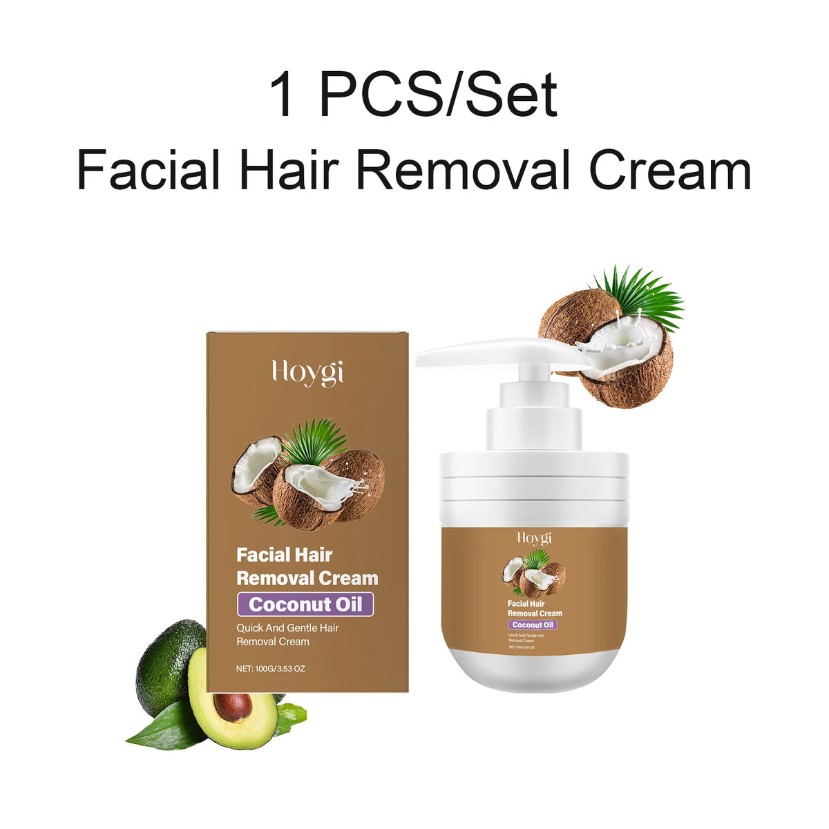 Facial Hair Removal Cream & After Care Roll On Oil Set Coconut Gentle Formula Smooth Skin Soothing Face Armpit Leg Nourishing