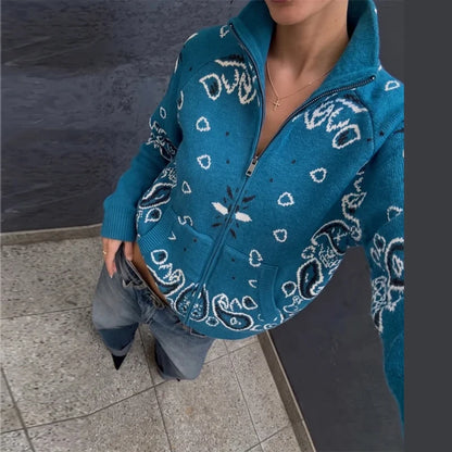 Casual Women's Jacquard Knit Cardigan Loose Stand Collar Zipper Long Sleeve Pockets Sweater 2026 Autumn Lady Vintage Sweaters
