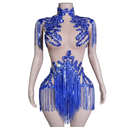 Black Sequins Fringes Leotard Mesh See through Party Bodysuit Women Sparkle Rhinestones Nightclub Prom Gogo Dance Stage Outfits