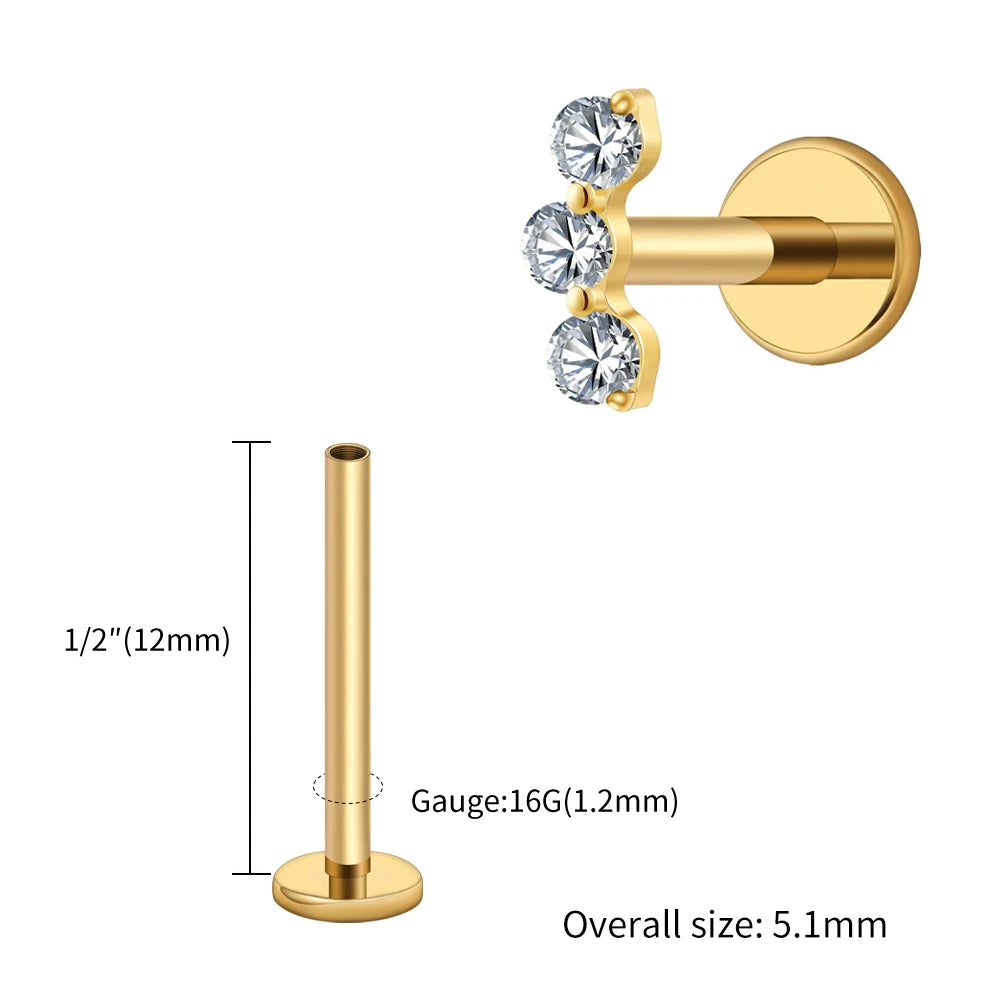 Right Grand ASTM F136 Titanium Triple CZ Helix Tragus Flat Back Earring 16G Dainty Ear Climber Cartilage Stud Piercing Jewelry