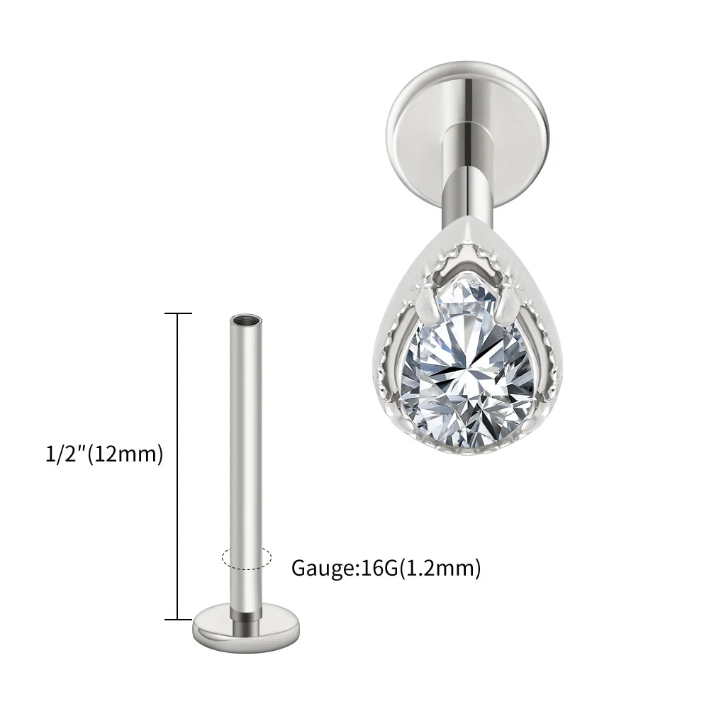 Right Grand ASTM F136 Titanium Teardrop CZ Cartilage Earring Threaded Labret Stud 16G Tiny Pear CZ Helix Conch Earlobe Piercing